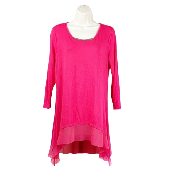 Cable & Gauge Embellished Neckline 3/4 Sleeve Azalea Pink Layered Mesh Hem Tunic - Picture 2 of 9